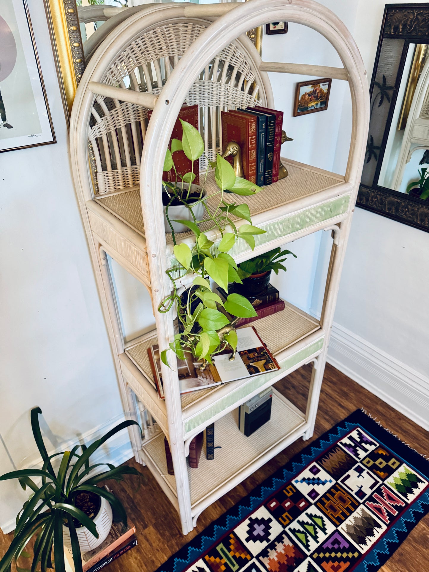 Vintage White Rattan Etagere Shelf Unit