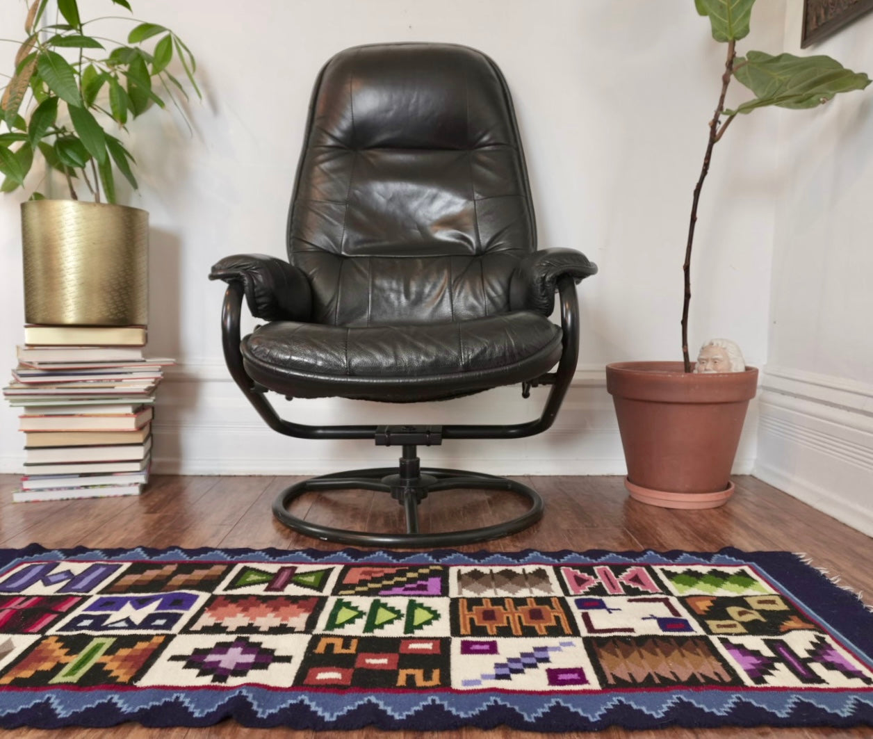 Vintage Black Leather Recliner & Ottoman