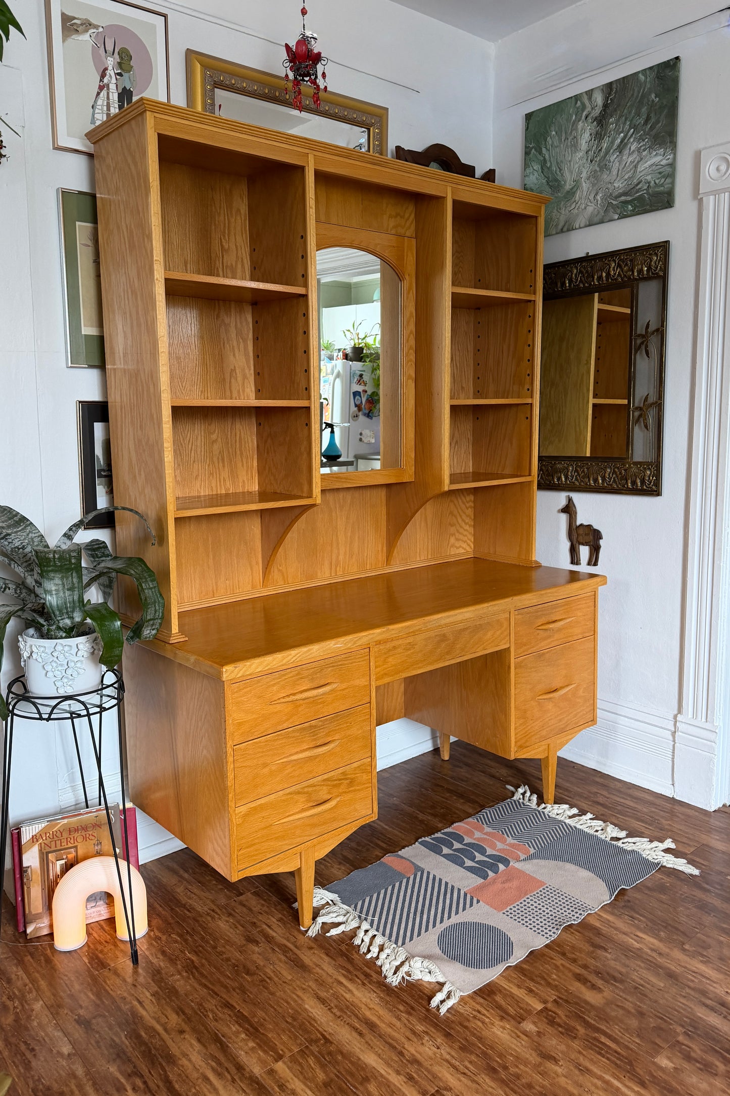 Vintage MCM Style Oak Desk & Hutch