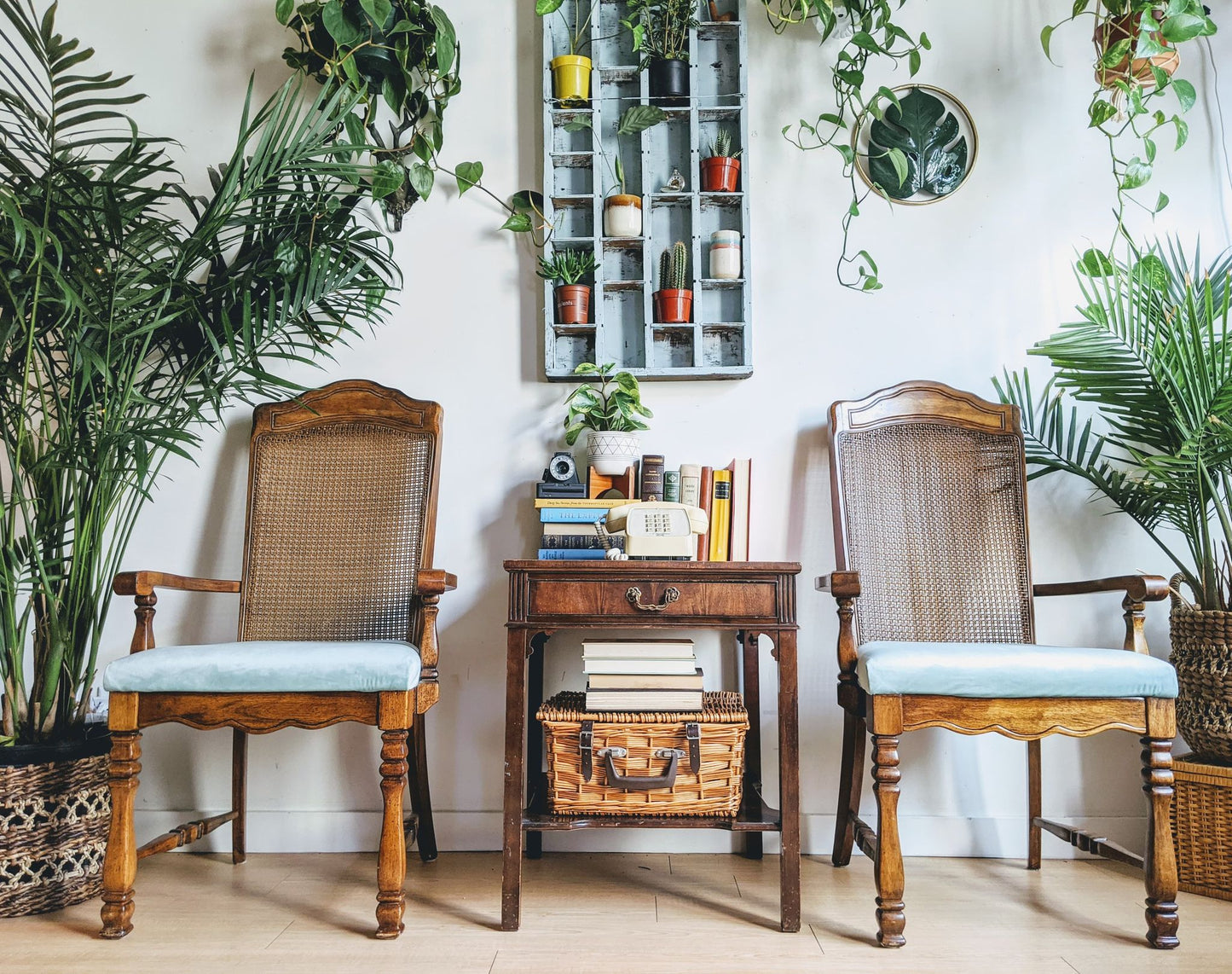 Vintage Retro 70s style dinning room chairs with powder blue velvet cushion