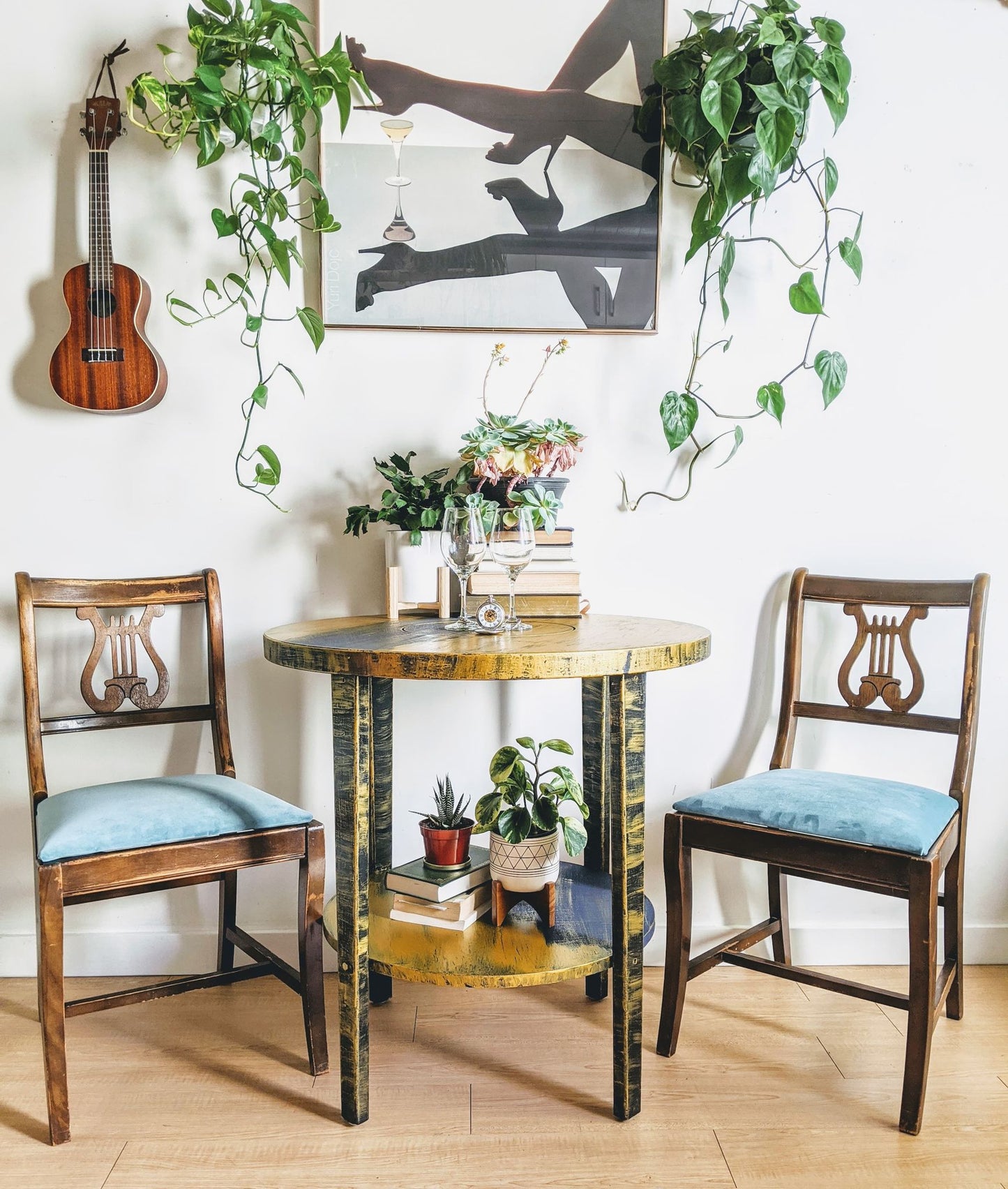 Supernova Saturn Gold and Dark Blue Round Table With Lower Shelf Bohemian Style Edit alt text