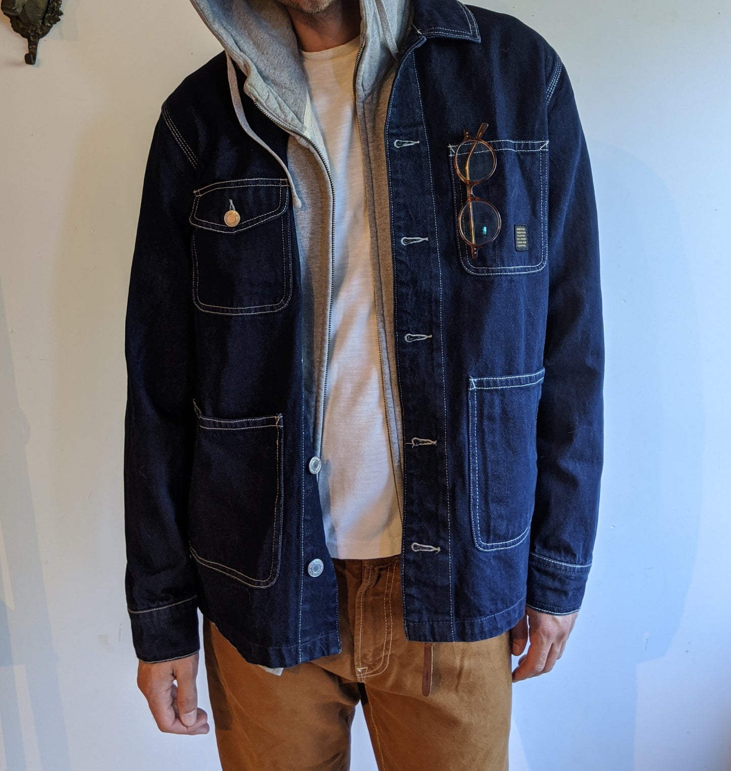 chore jacket blue denim men small paul newman prison