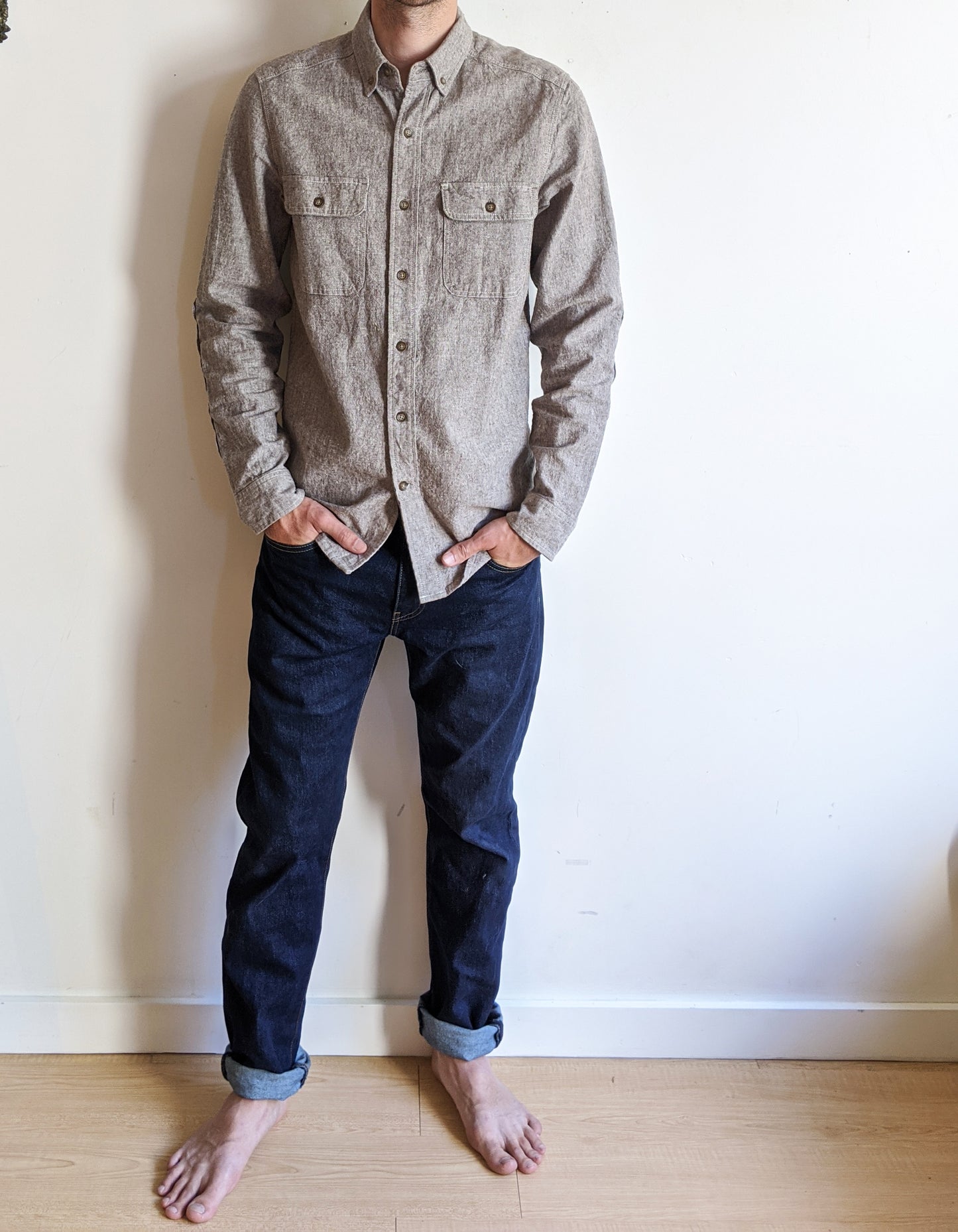 Workwear Shirt Grey Hemp Mens Elbow Patch