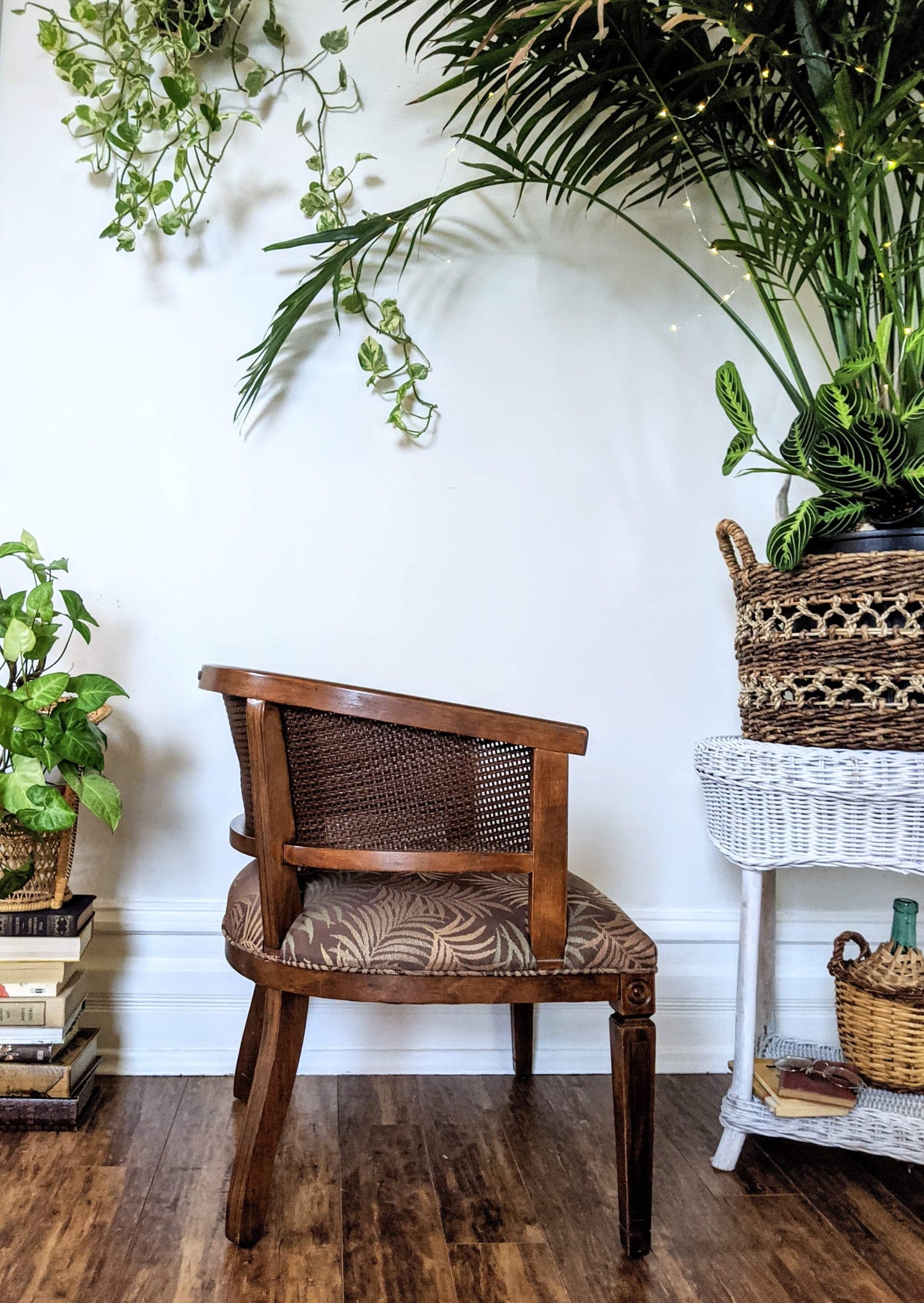 Wicker Wood Barrel Style Bombay 1960's fabric palm print dark brown victoria bc canada used second hand thrift