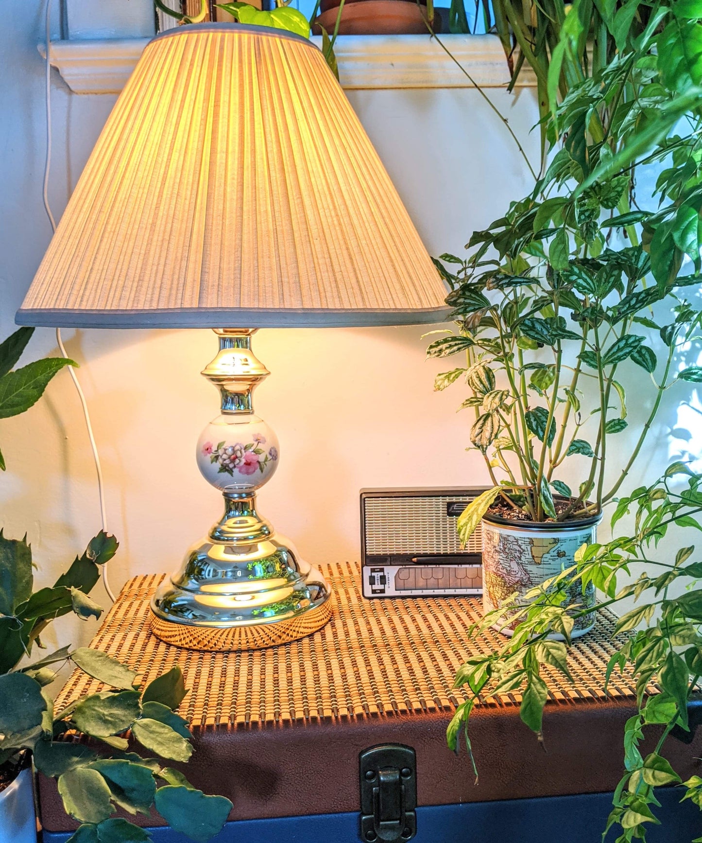 Vintage Retro Brass Lamp Floral Motif White Porcelain Victoria BC Secondhand thrift antique