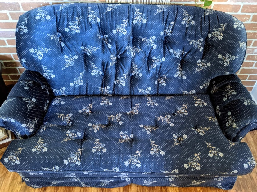 royal blue vintage velvet style couch with floral print victoria bc furniture
