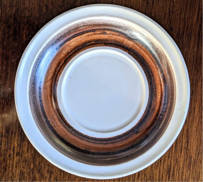 Vintage retro 70's style ceramic coffee cups green brown orange stripes cream jug saucer made in france victoria bc canada thrift