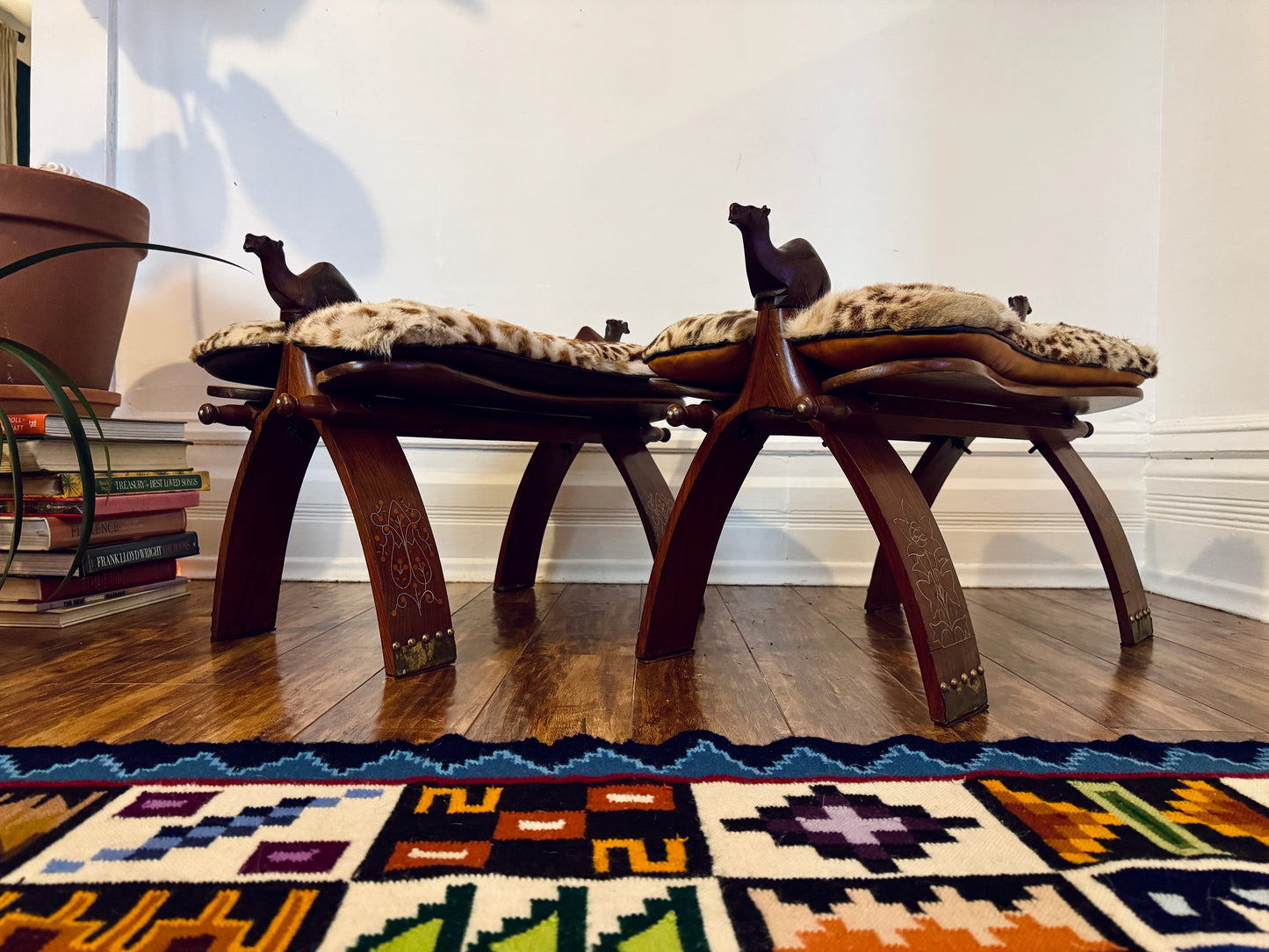 Vintage Hand-Carved Camel Saddle Stools / Ottoman Pair – Solid Wood + Animal Hide