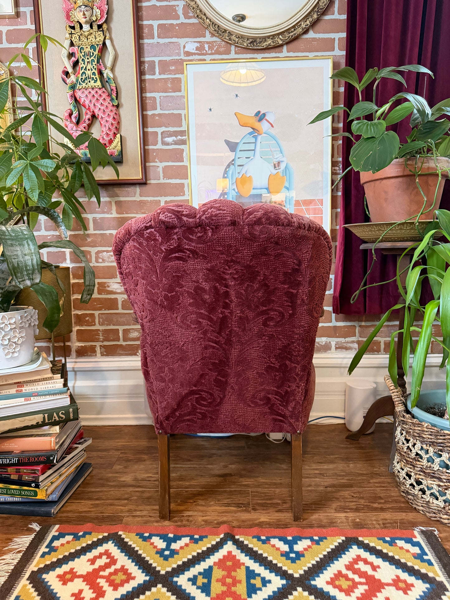 Vintage 1930s Burgundy Velvet & Walnut Wood Armchair