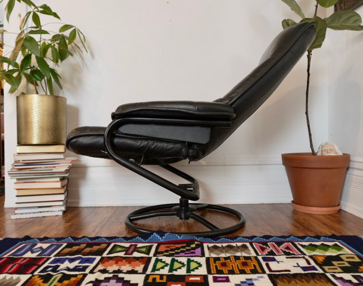 Vintage Black Leather Recliner & Ottoman
