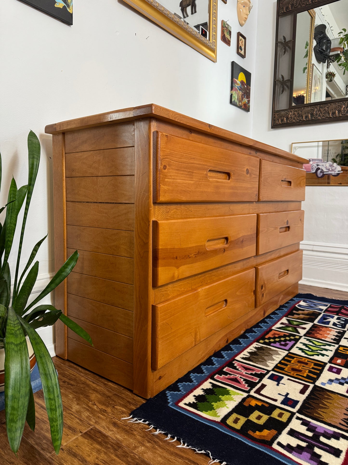 Vintage Solid Pine 6 Drawer Credenza
