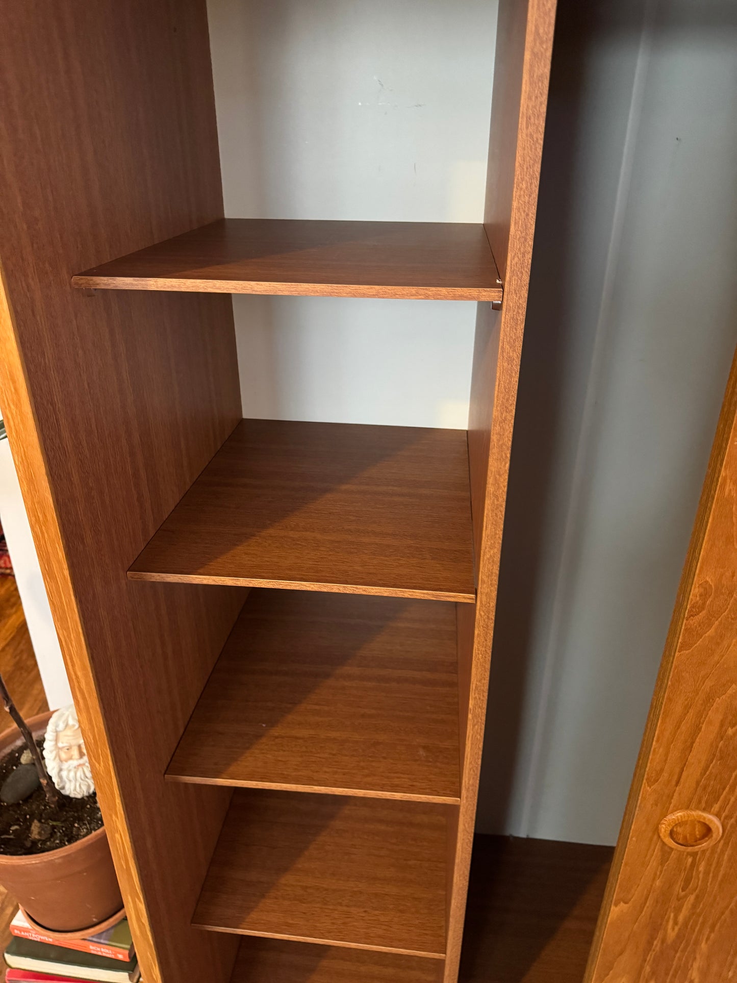 Vintage Danish Teak Wardrobe w/ Sliding Doors — Shelving + Hanging Rail