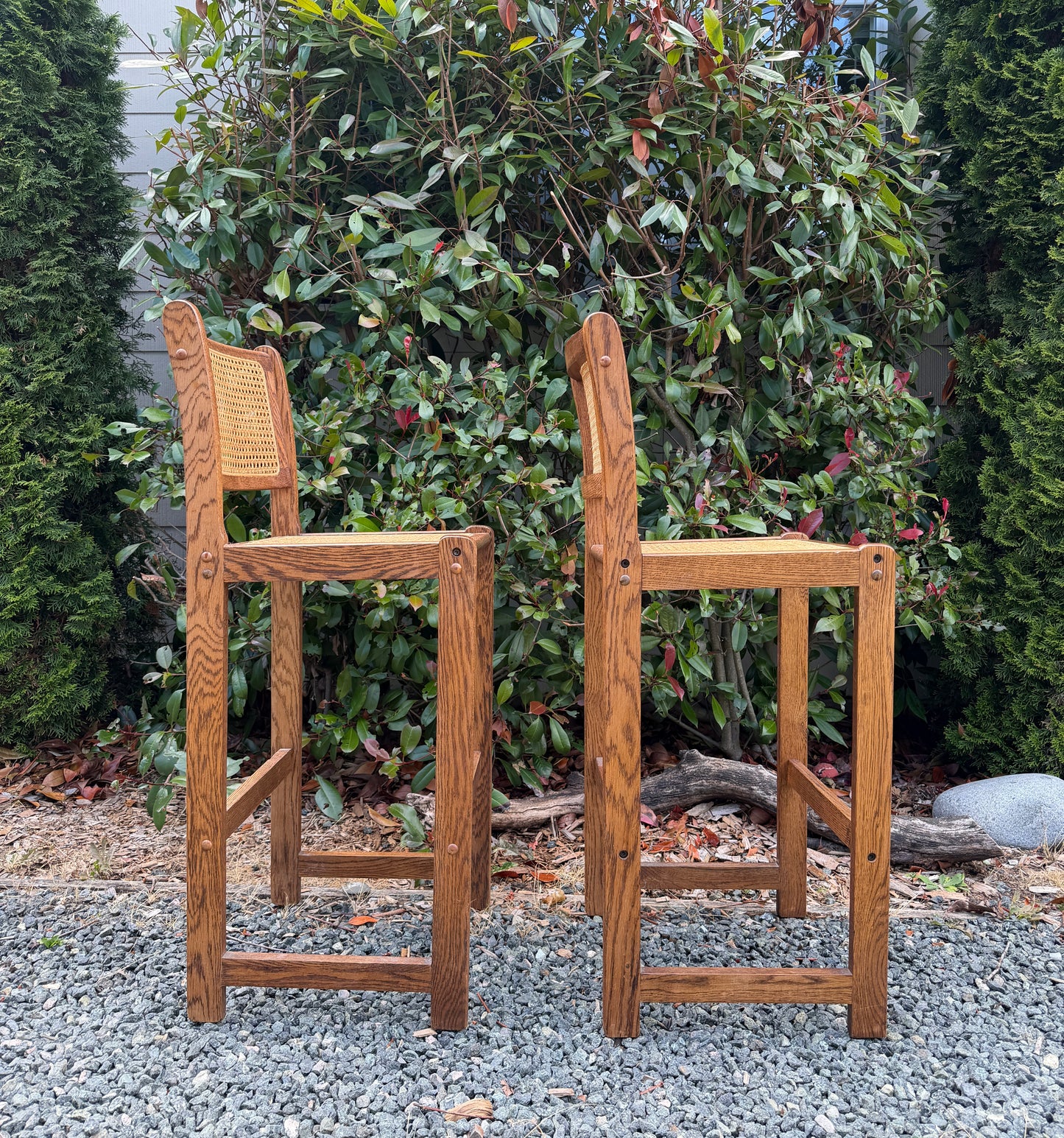 Vintage Solid Oak & Cane Bar Stools