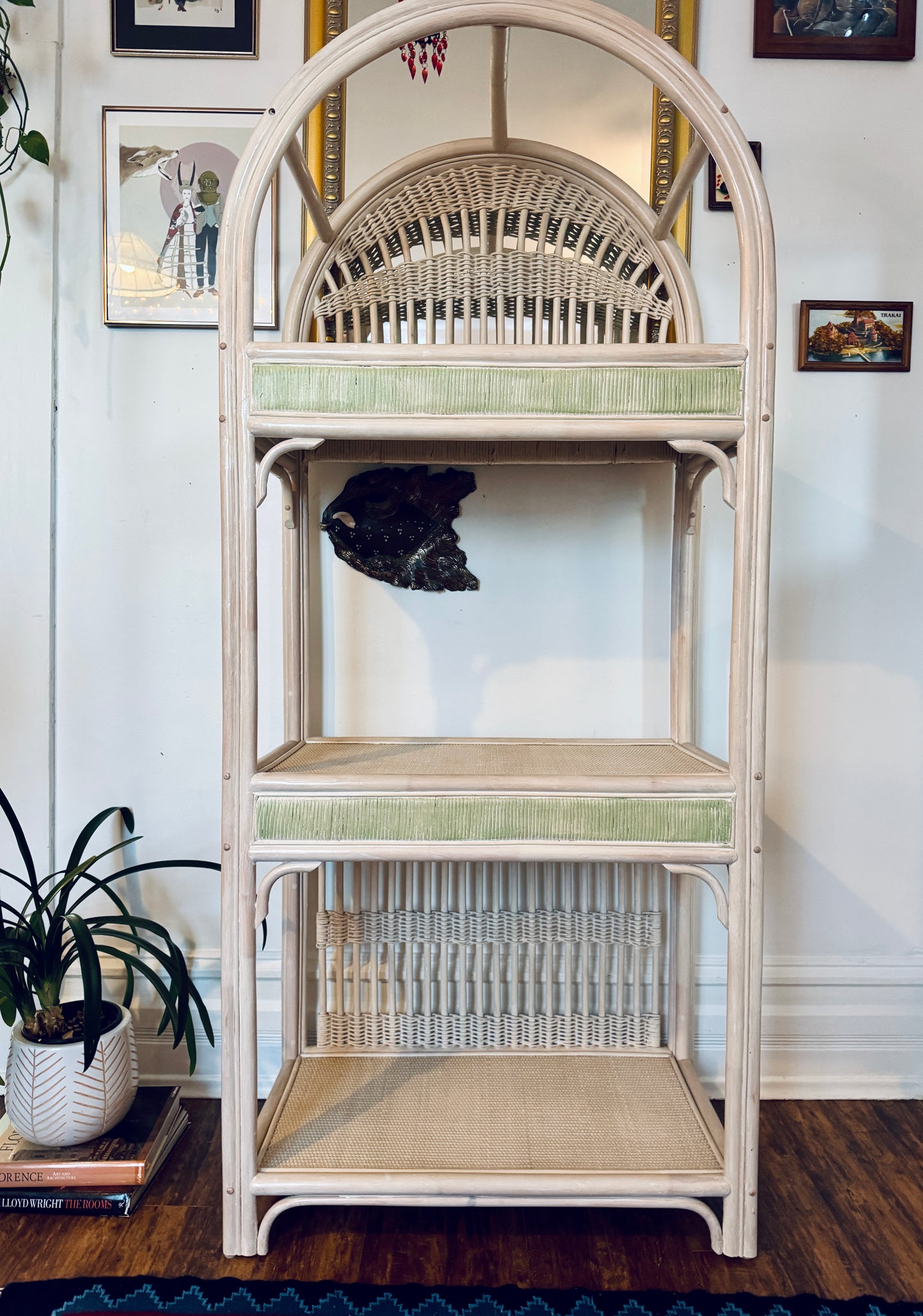 Vintage White Rattan Etagere Shelf Unit