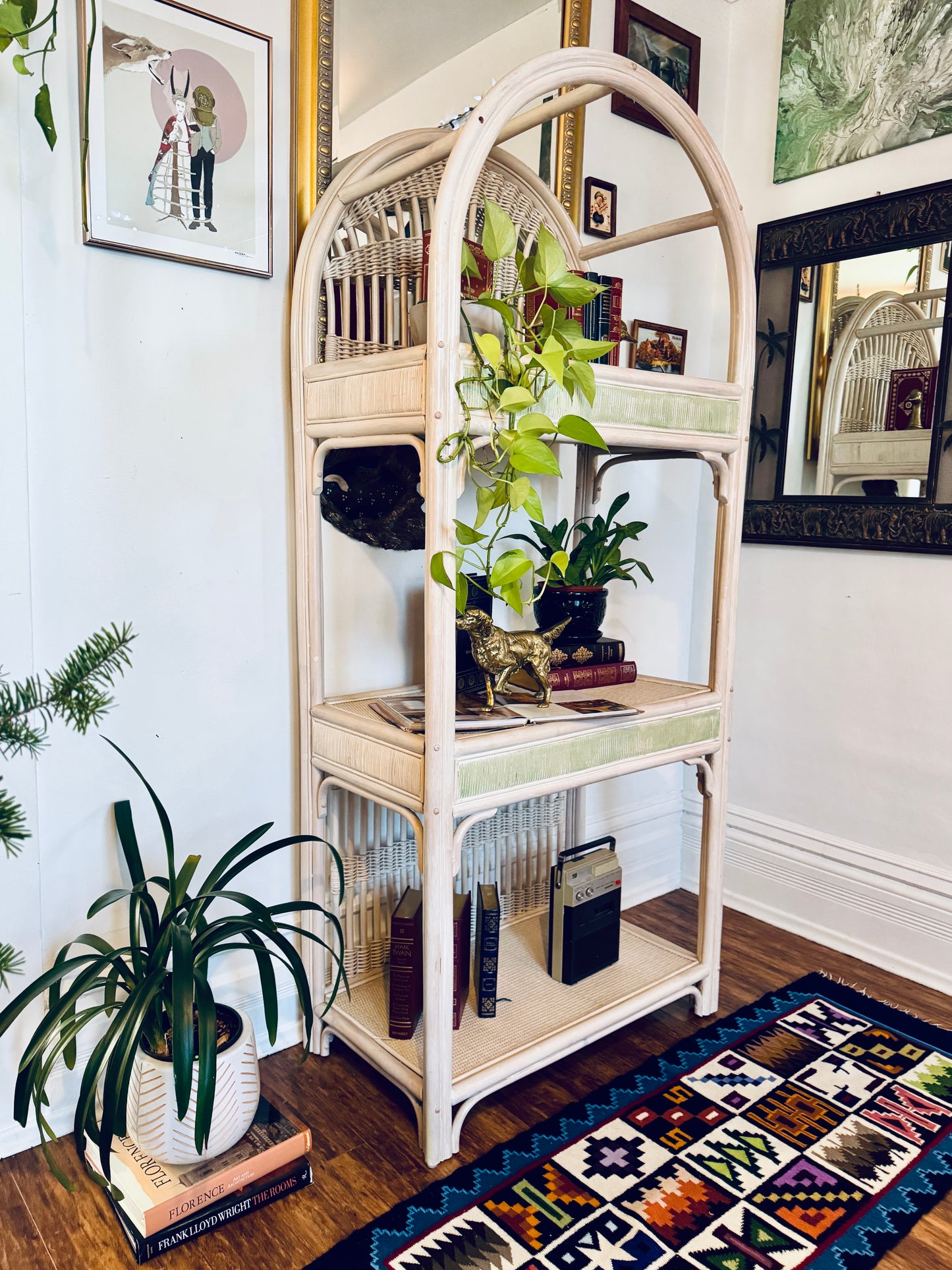 Vintage White Rattan Etagere Shelf Unit