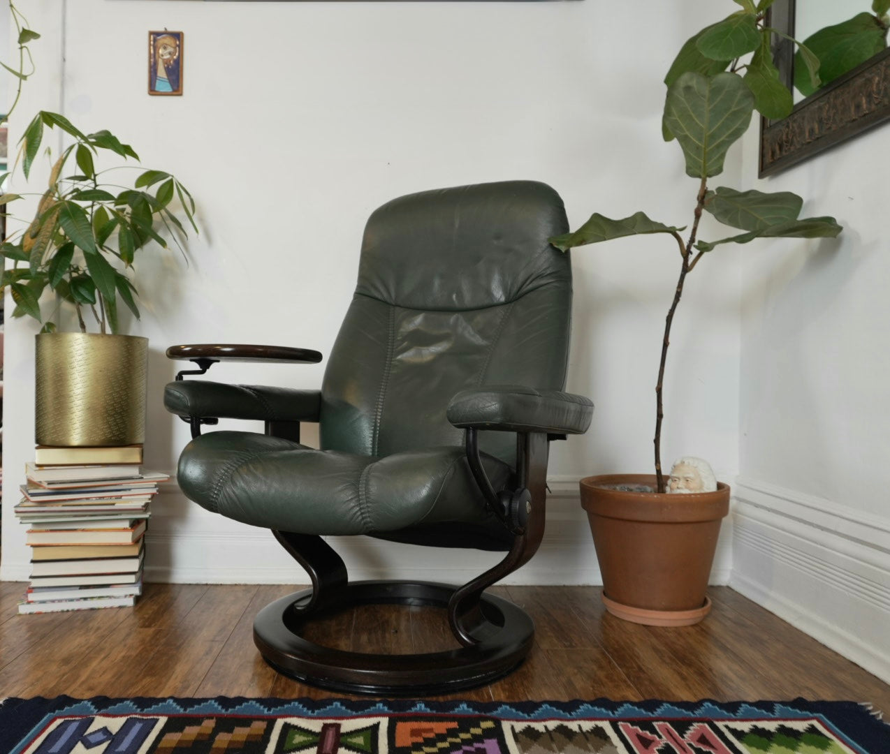Ekornes Stressless Green Leather Recliner & Ottoman