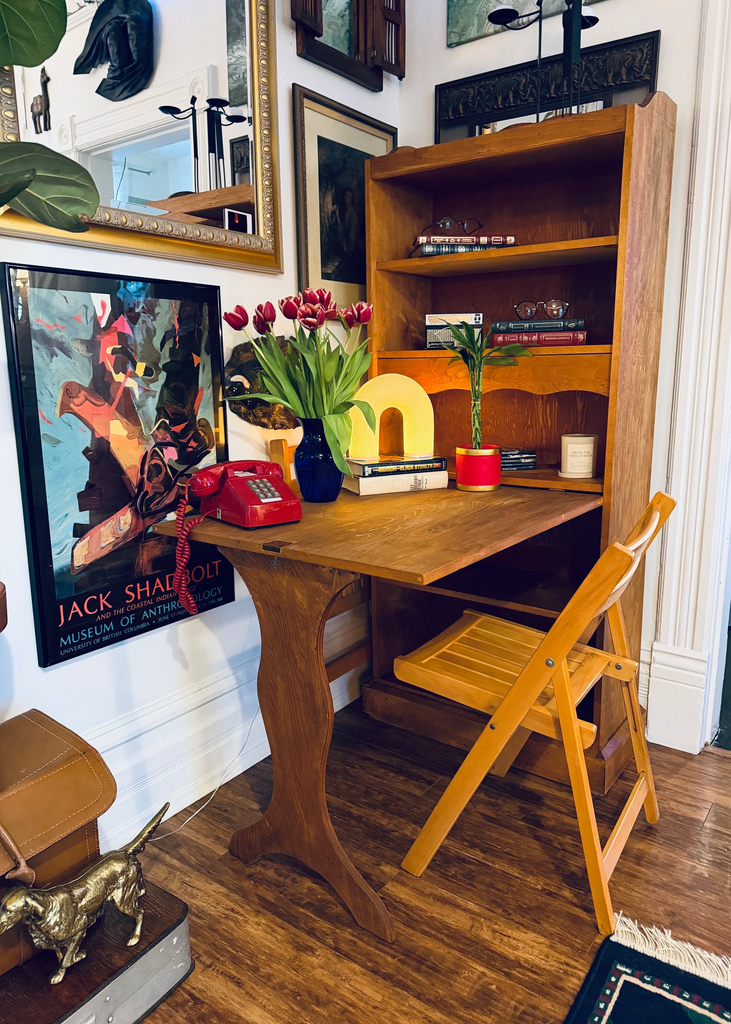 Vintage Solid Wood Bookshelf & Folding Table