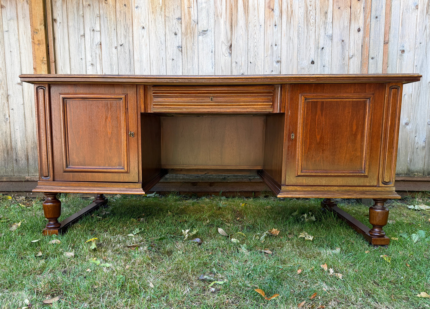 Vintage Walnut Wood Large Executive Office Desk