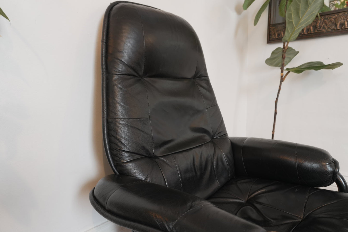 Vintage Black Leather Recliner & Ottoman