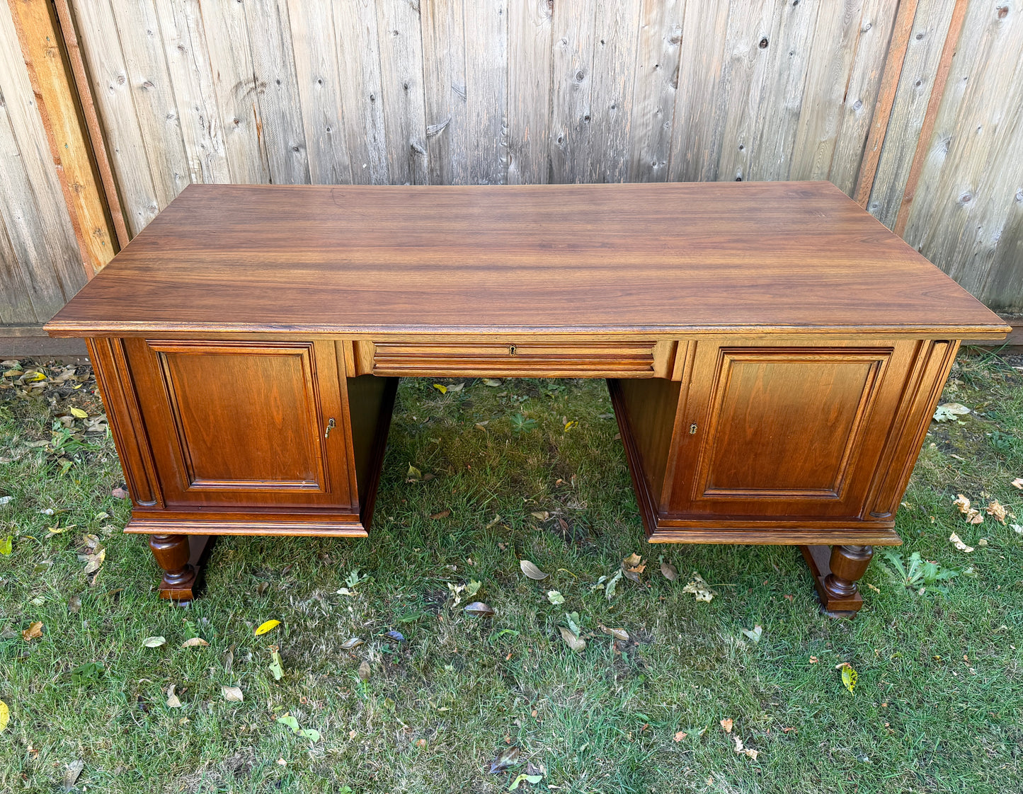 Vintage Walnut Wood Large Executive Office Desk