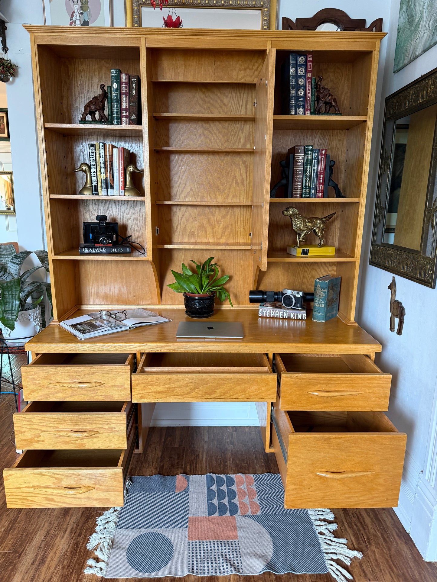Vintage MCM Style Oak Desk & Hutch