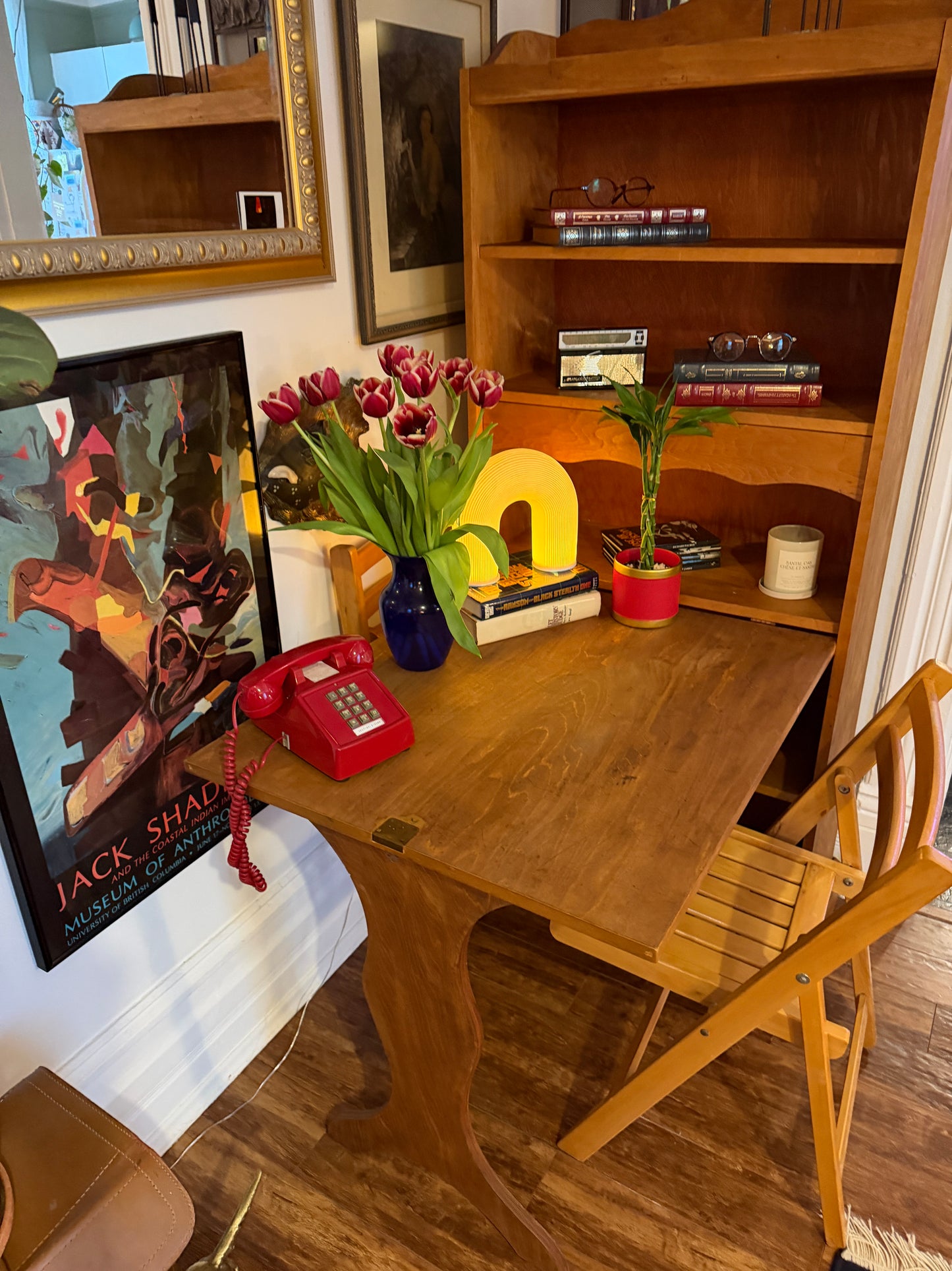 Vintage Solid Wood Bookshelf & Folding Table