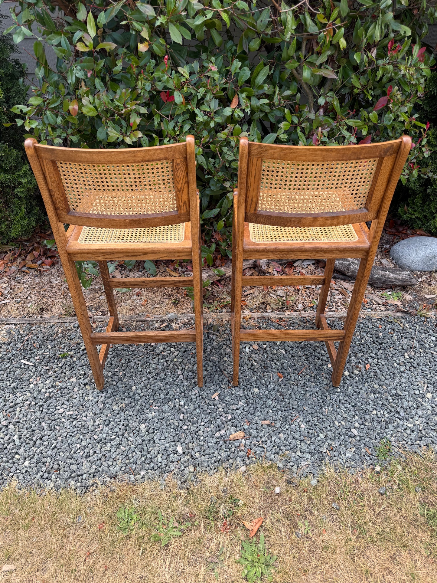 Vintage Solid Oak & Cane Bar Stools
