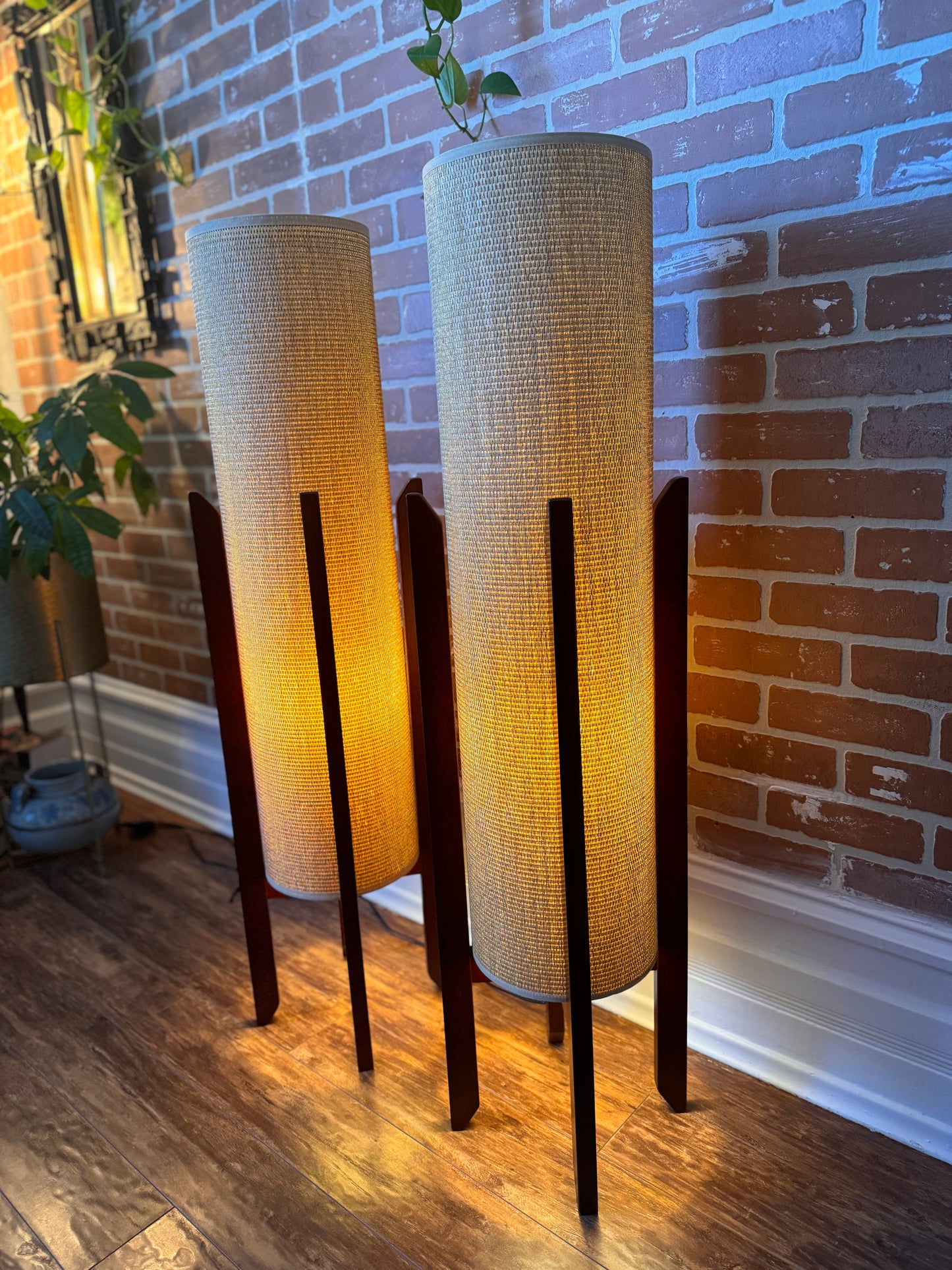 MCM Style Woven & Wood Floor Lamps