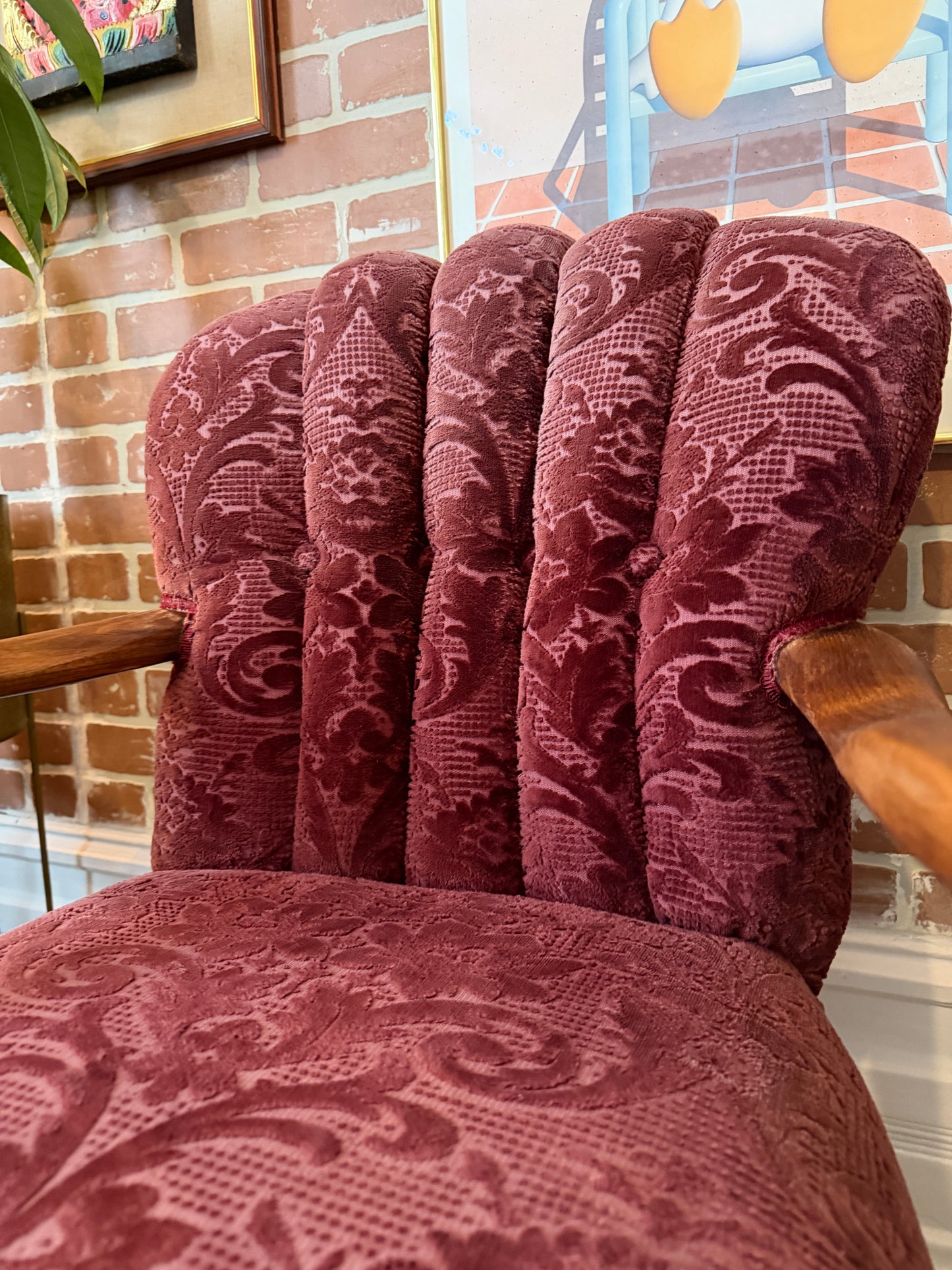 Vintage 1930s Burgundy Velvet & Walnut Wood Armchair