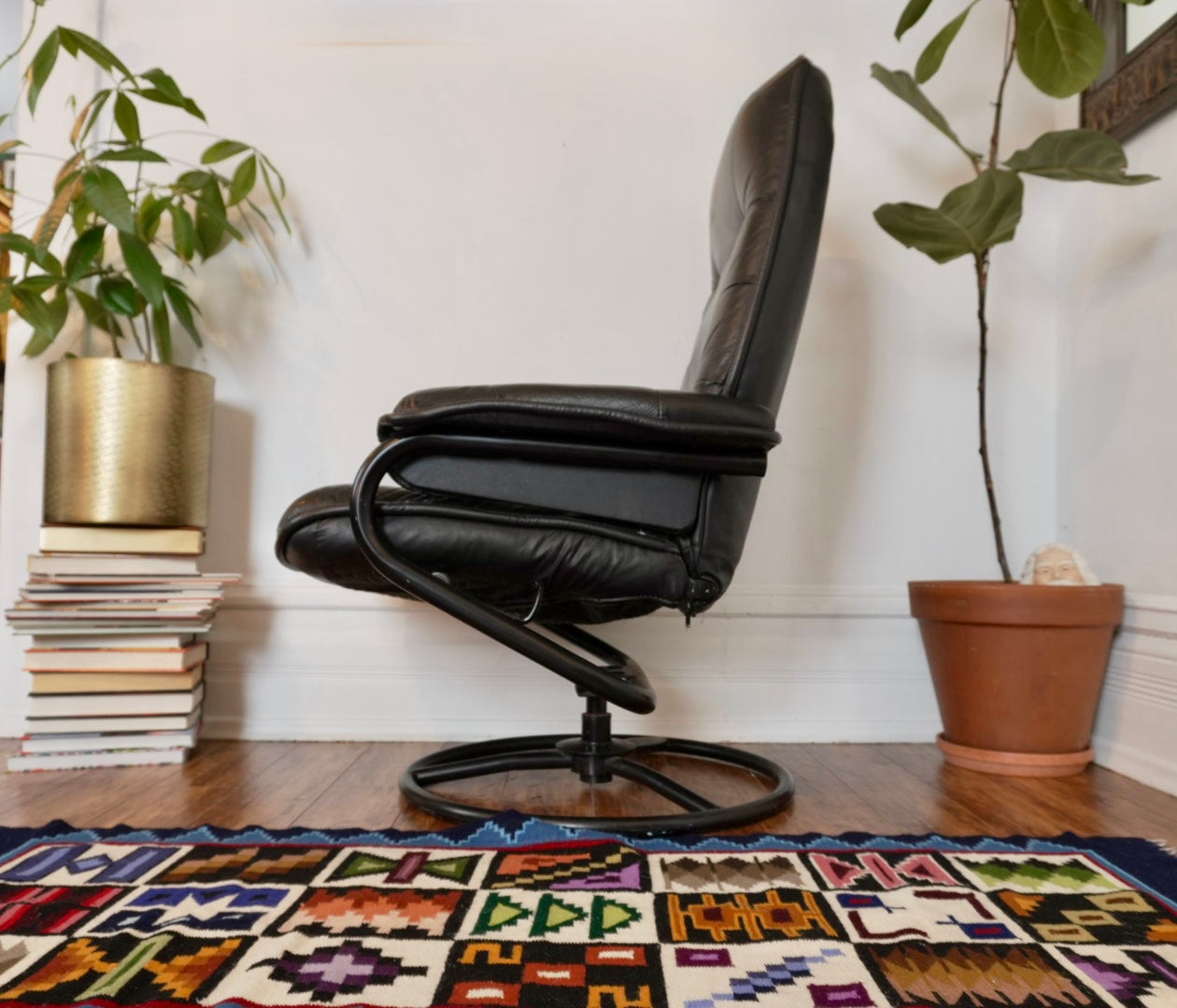 Vintage Black Leather Recliner & Ottoman