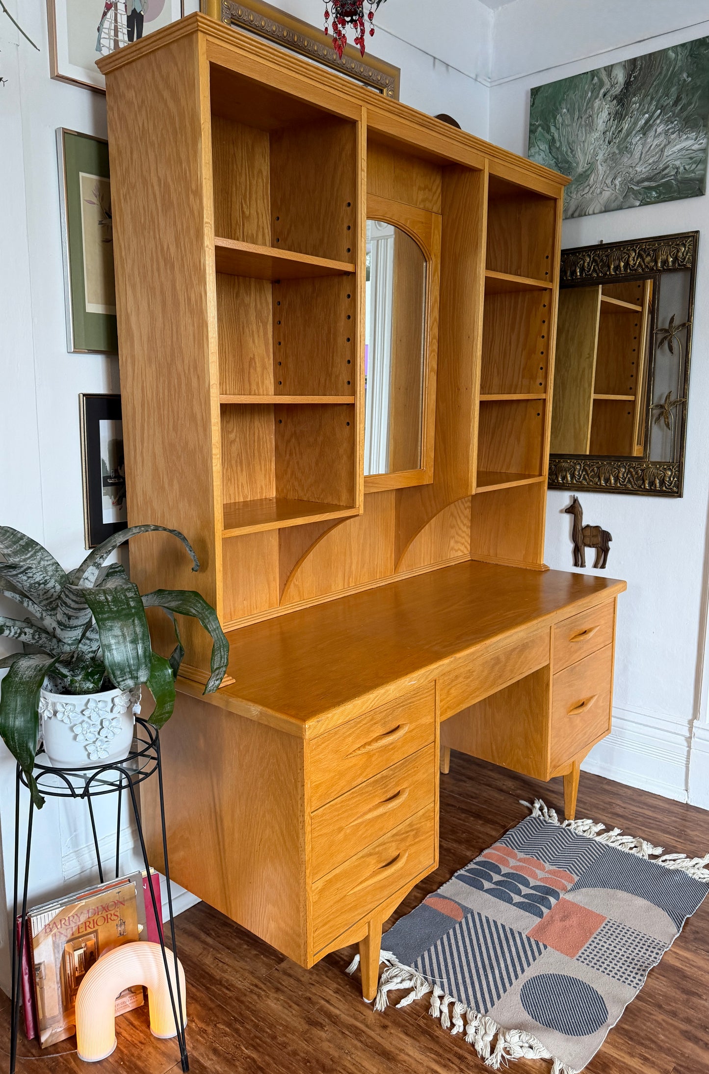 Vintage MCM Style Oak Desk & Hutch