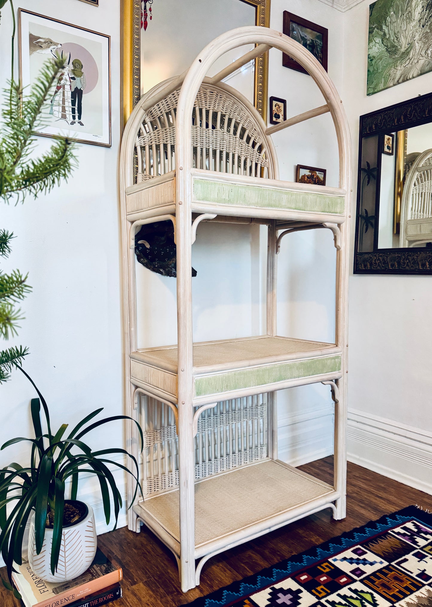 Vintage White Rattan Etagere Shelf Unit