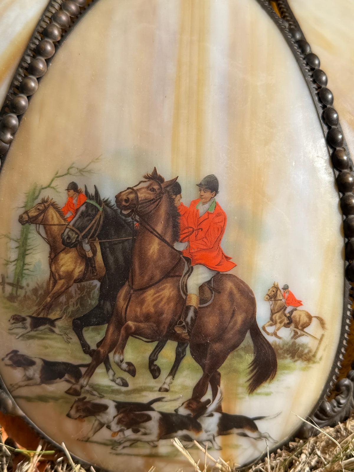 Vintage Slag Glass Pendant Light with Equestrian Scene