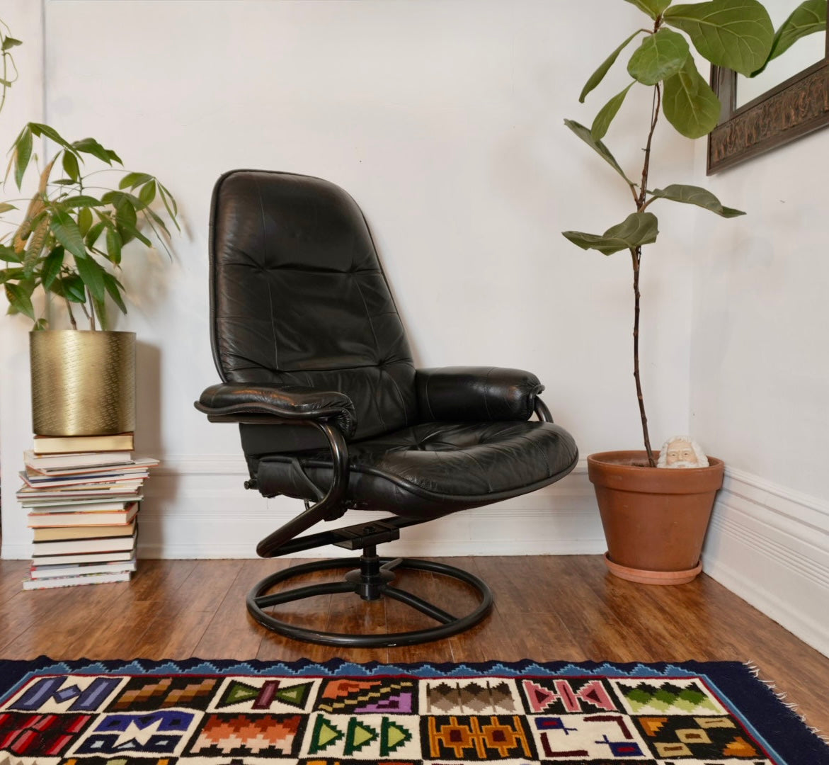 Vintage Black Leather Recliner & Ottoman