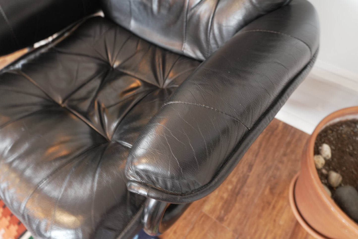 Vintage Black Leather Recliner & Ottoman