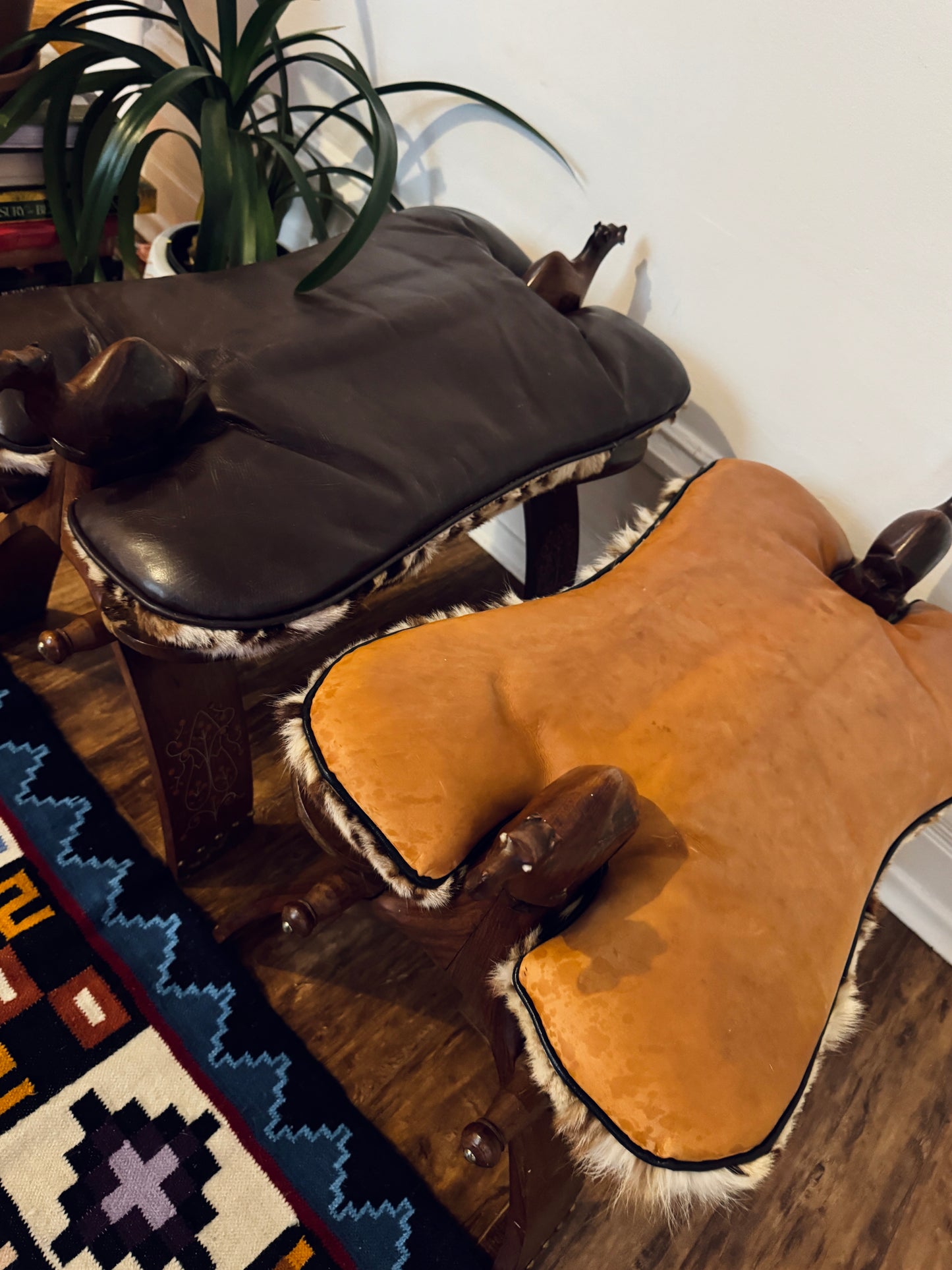 Vintage Hand-Carved Camel Saddle Stools / Ottoman Pair – Solid Wood + Animal Hide
