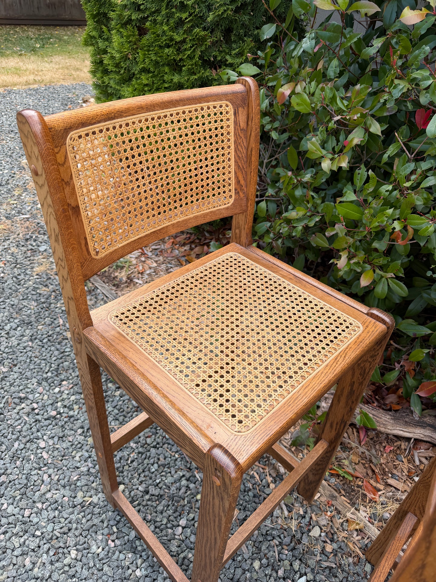 Vintage Solid Oak & Cane Bar Stools