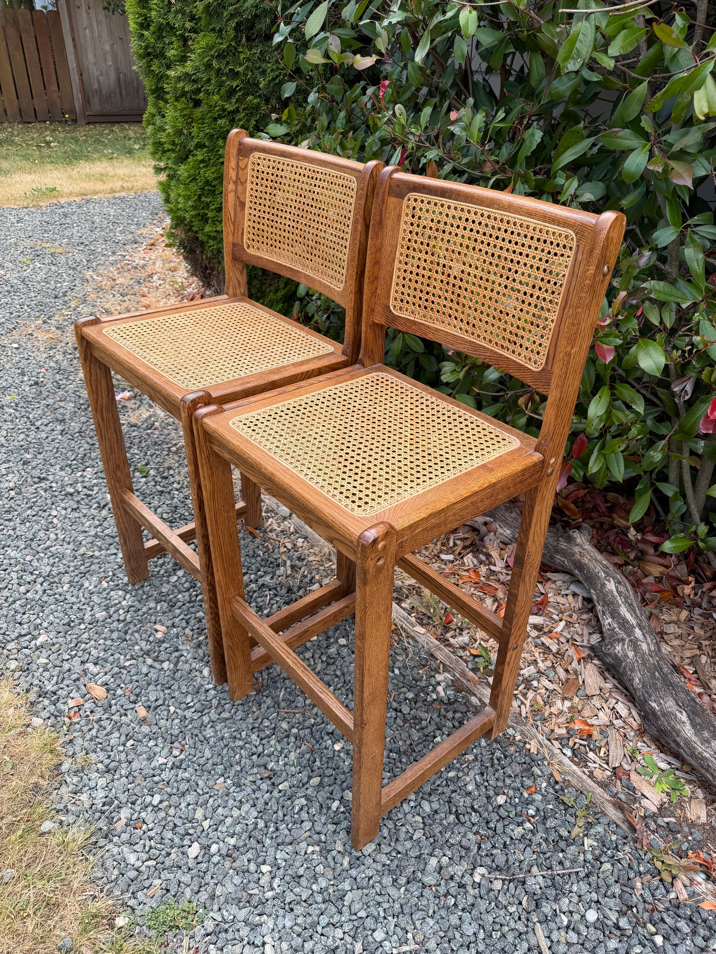 Vintage Solid Oak & Cane Bar Stools