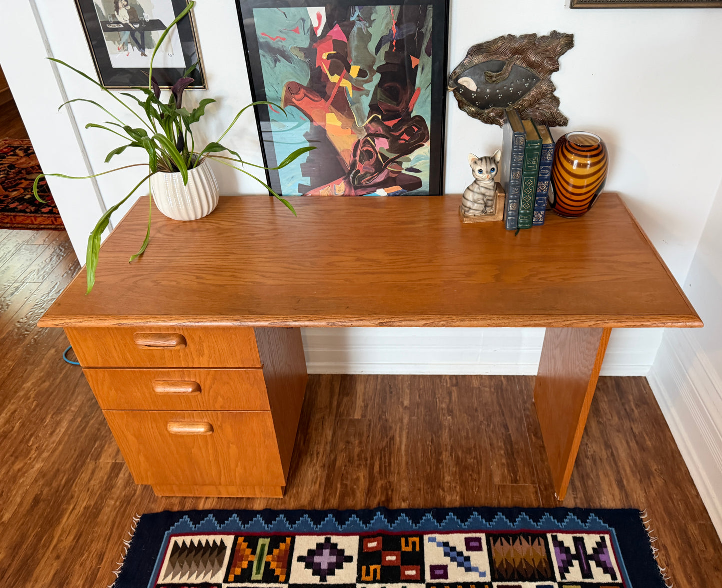 Vintage MCM Oak 3 Drawer Desk