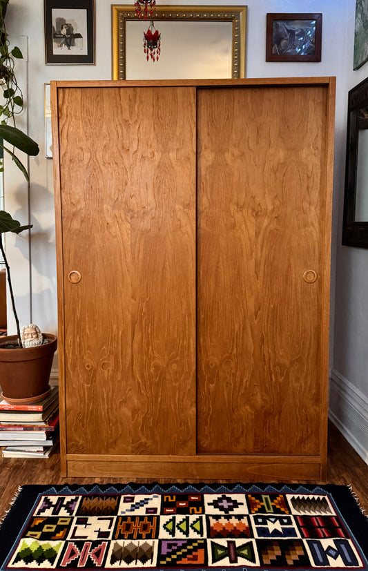 Vintage Danish Teak Wardrobe w/ Sliding Doors — Shelving + Hanging Rail