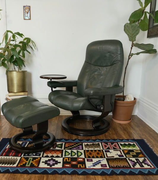 Ekornes Stressless Green Leather Recliner & Ottoman