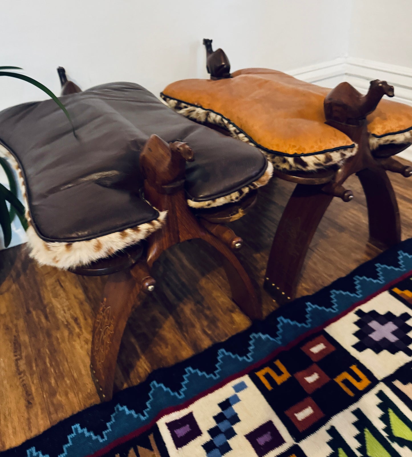 Vintage Hand-Carved Camel Saddle Stools / Ottoman Pair – Solid Wood + Animal Hide