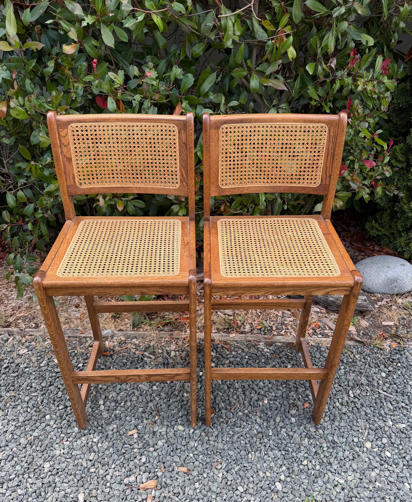 Vintage Solid Oak & Cane Bar Stools