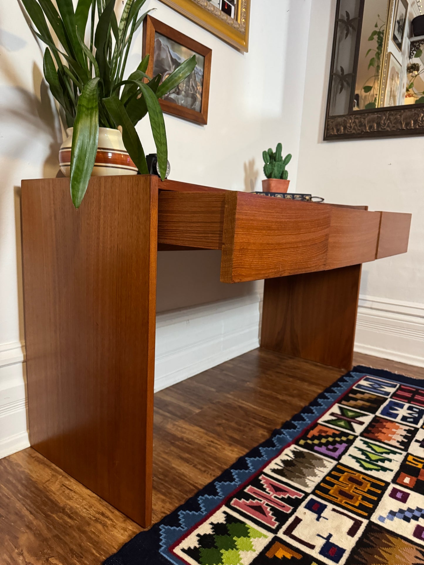 Danish Teak Writing Desk / Console Table – Mid Century Modern, Finished All Sides