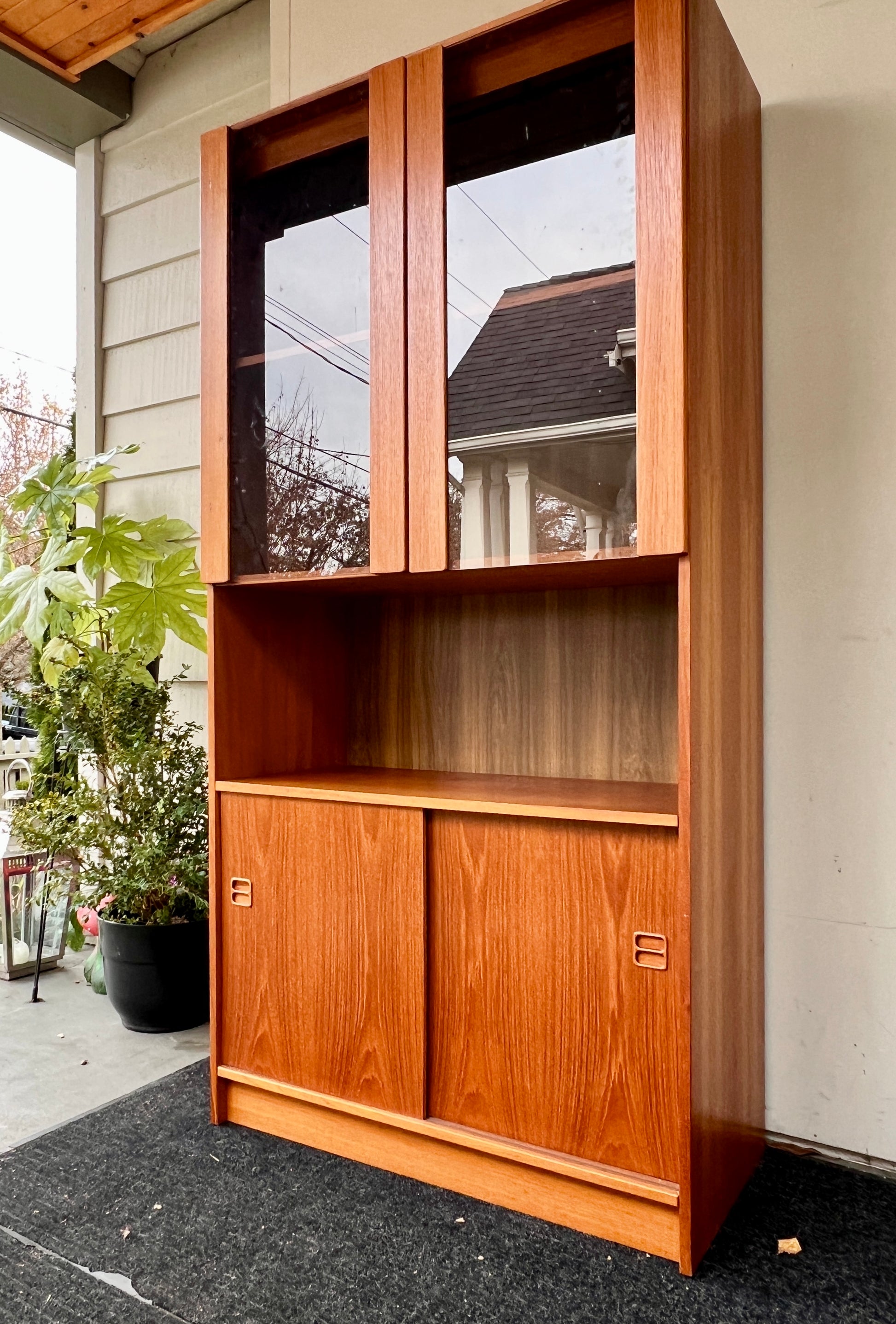 Vintage Teak Display Cabinet with lower sliding doors cupboard and adjustable shelves