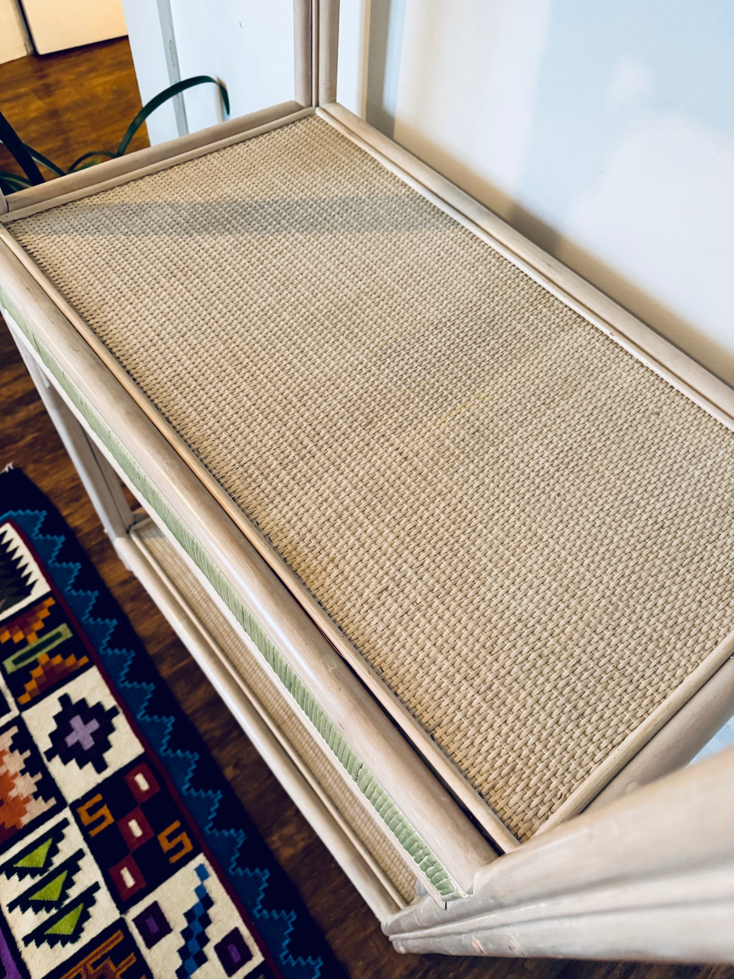 Vintage White Rattan Etagere Shelf Unit