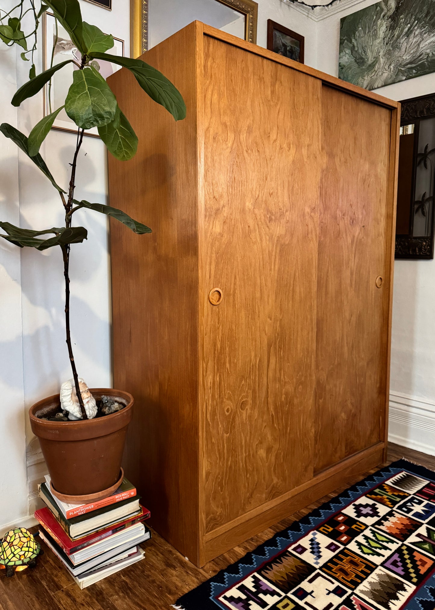 Vintage Danish Teak Wardrobe w/ Sliding Doors — Shelving + Hanging Rail