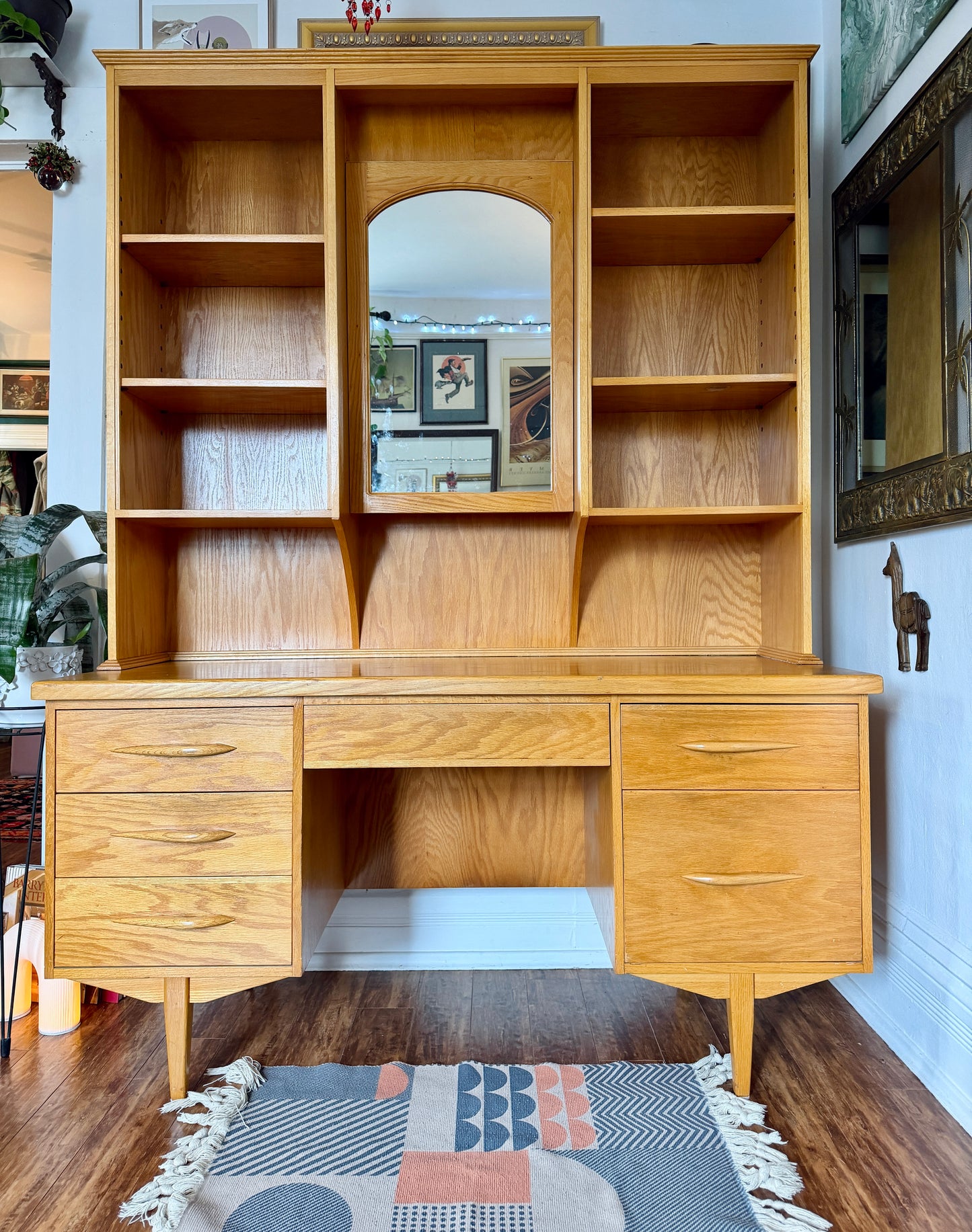 Vintage MCM Style Oak Desk & Hutch