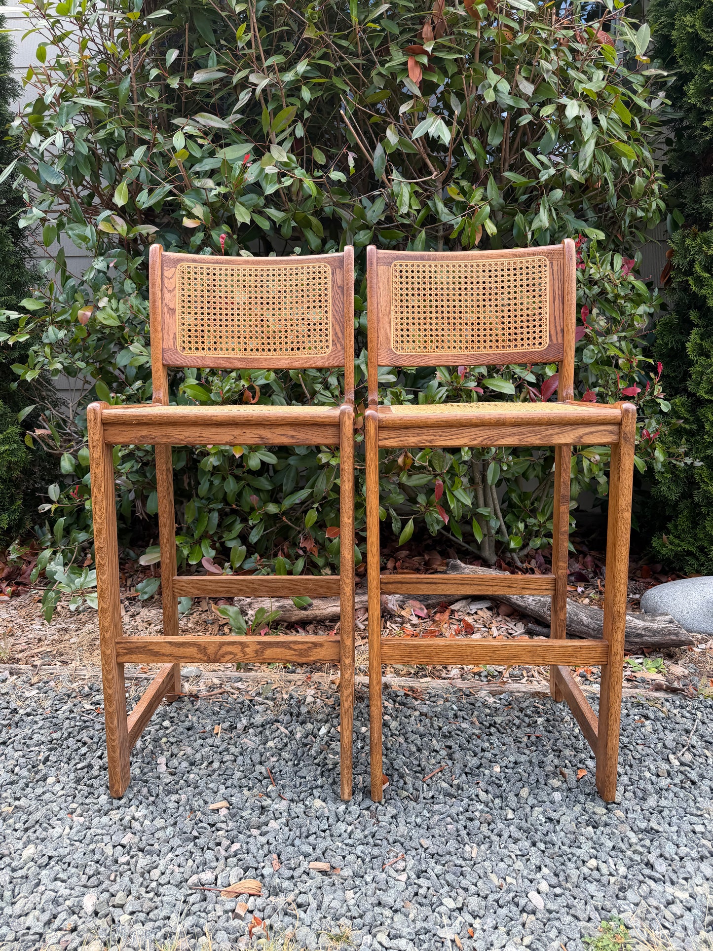 Vintage Solid Oak & Cane Bar Stools