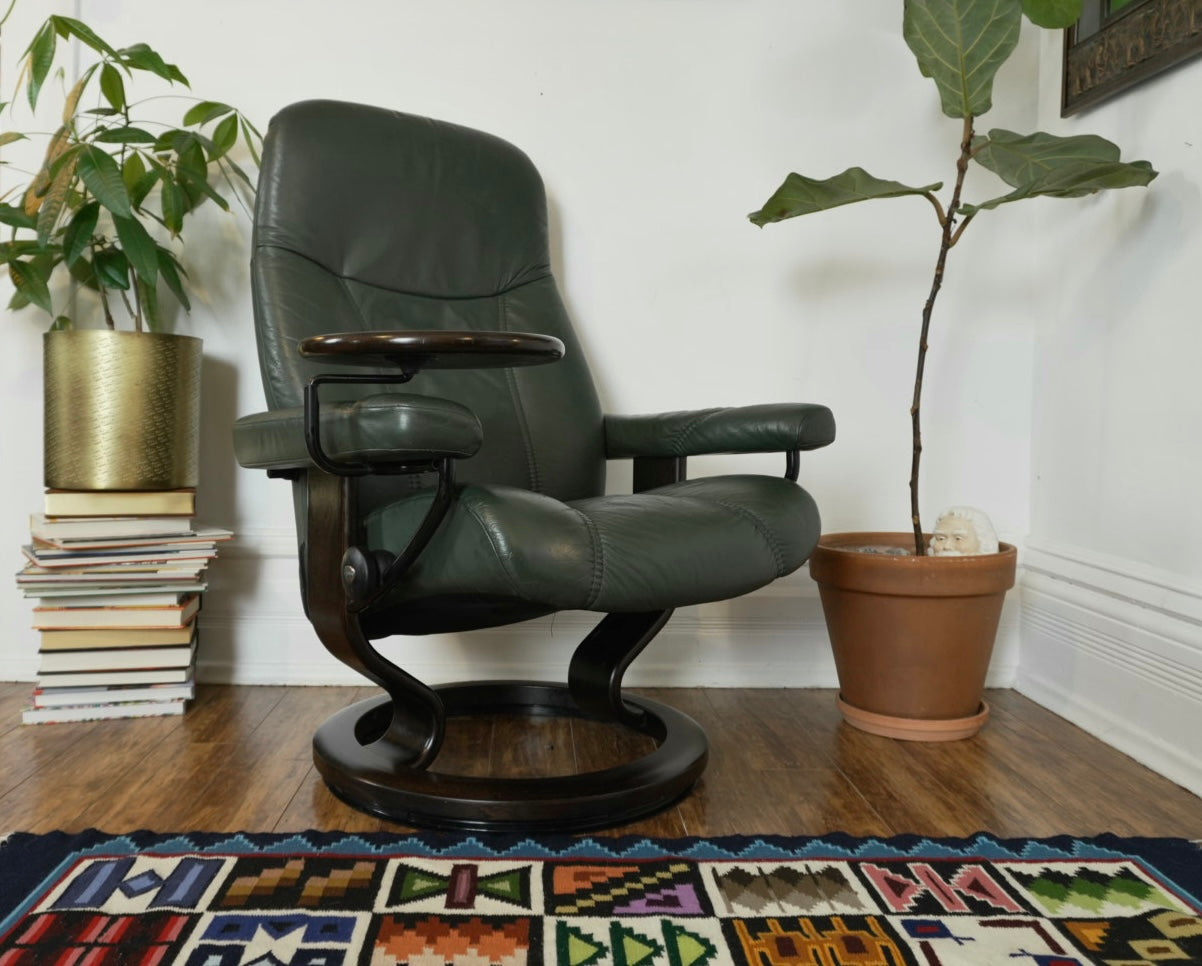 Ekornes Stressless Green Leather Recliner & Ottoman